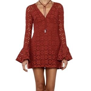 Free People Crochet Lace Dress Sz 4/Small Rust Boho Bell Sleeve Festival Dress